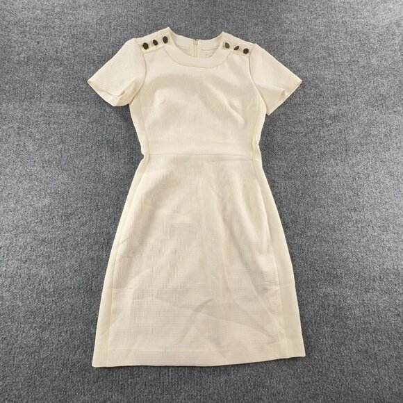 Club Monaco Cream Short Sleeve Sheath Gold Button Textured Stain Dress - Picture 1 of 10
